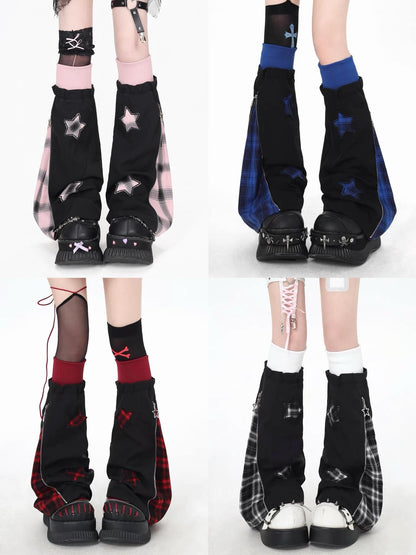 Crazy Girl Scrunched Slouchy Star Patch Plaid Check Splice Women&