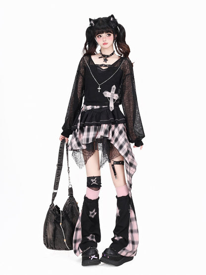 Crazy Girl Scrunched Slouchy Star Patch Plaid Check Splice Women&