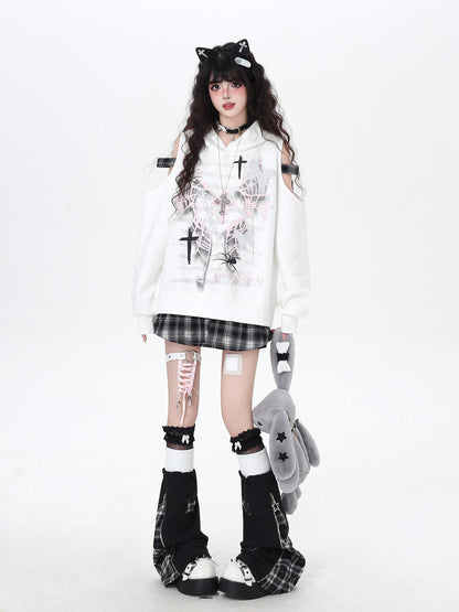 Crazy Girl Scrunched Slouchy Star Patch Plaid Check Splice Women&