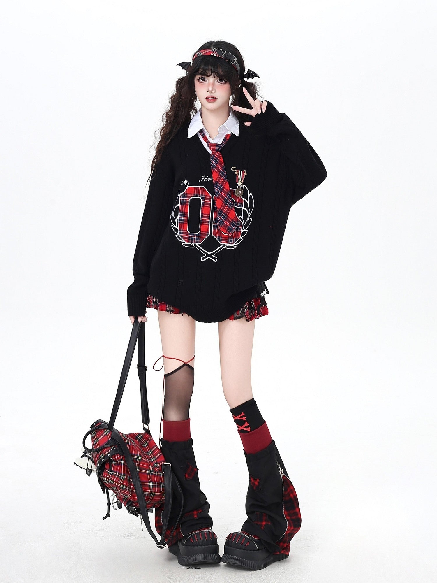 Crazy Girl Scrunched Slouchy Star Patch Plaid Check Splice Women&