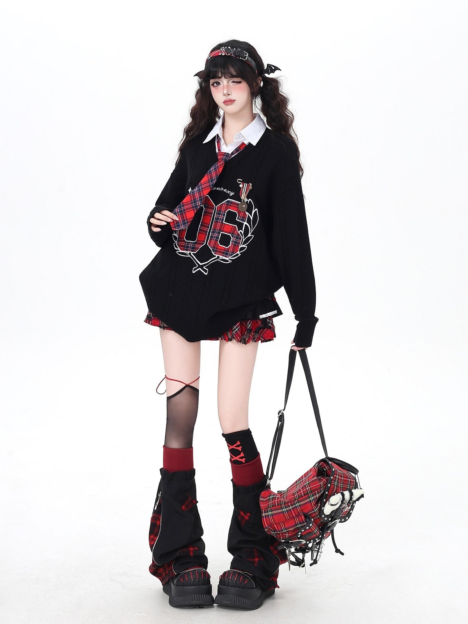 Crazy Girl Scrunched Slouchy Star Patch Plaid Check Splice Women&