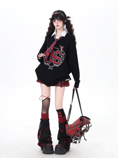 Crazy Girl Scrunched Slouchy Star Patch Plaid Check Splice Women&