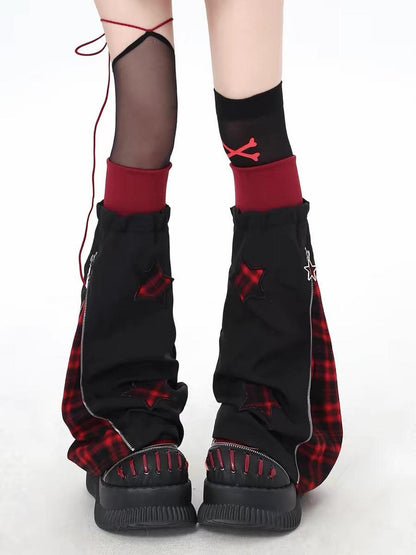Crazy Girl Scrunched Slouchy Star Patch Plaid Check Splice Women&
