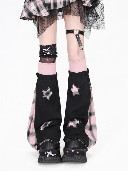 Crazy Girl Scrunched Slouchy Star Patch Plaid Check Splice Women&