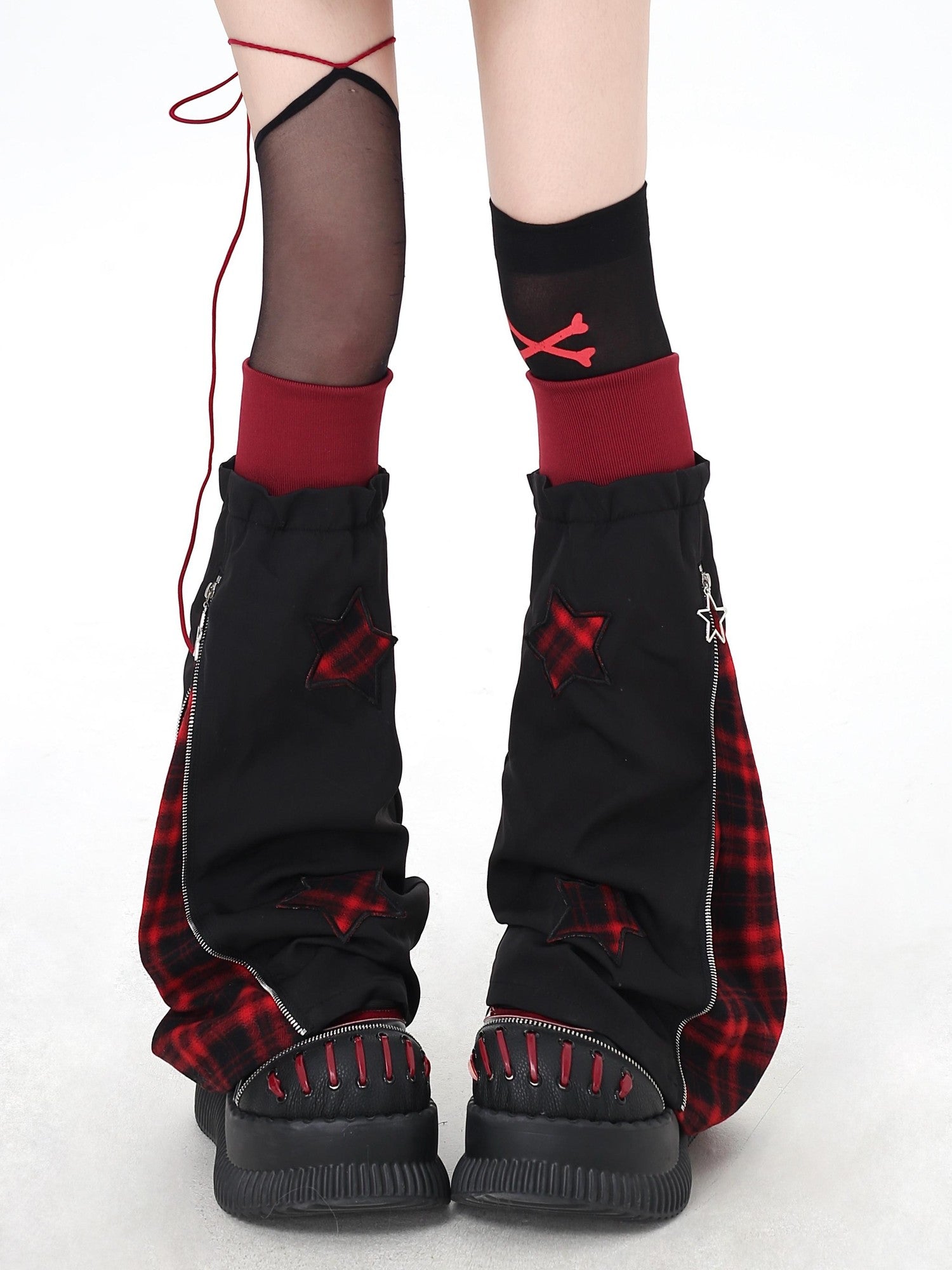 Crazy Girl Scrunched Slouchy Star Patch Plaid Check Splice Women&
