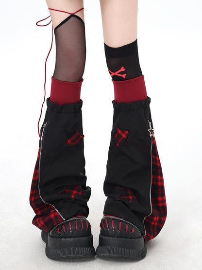 Crazy Girl Scrunched Slouchy Star Patch Plaid Check Splice Women&