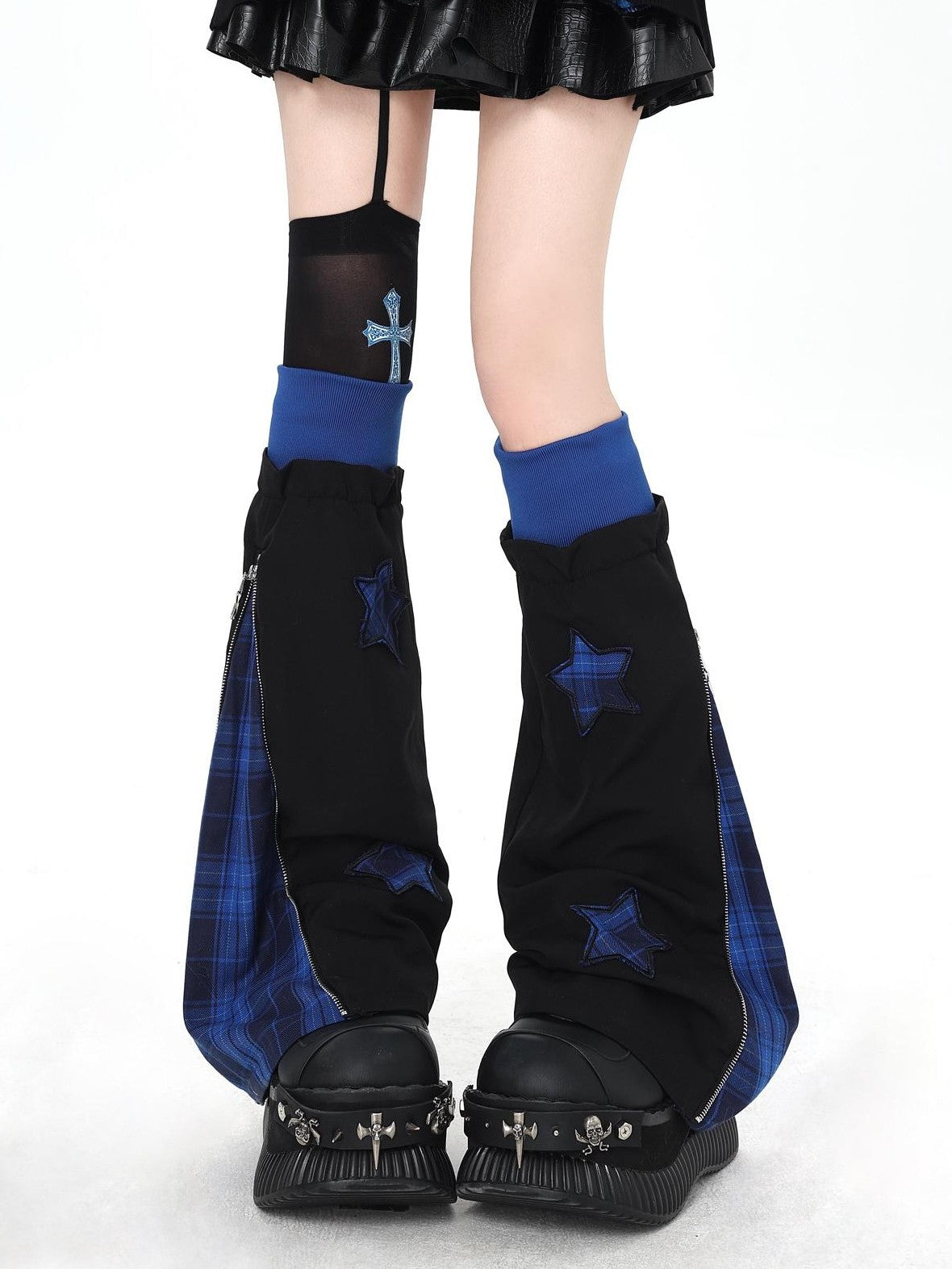 Crazy Girl Scrunched Slouchy Star Patch Plaid Check Splice Women&