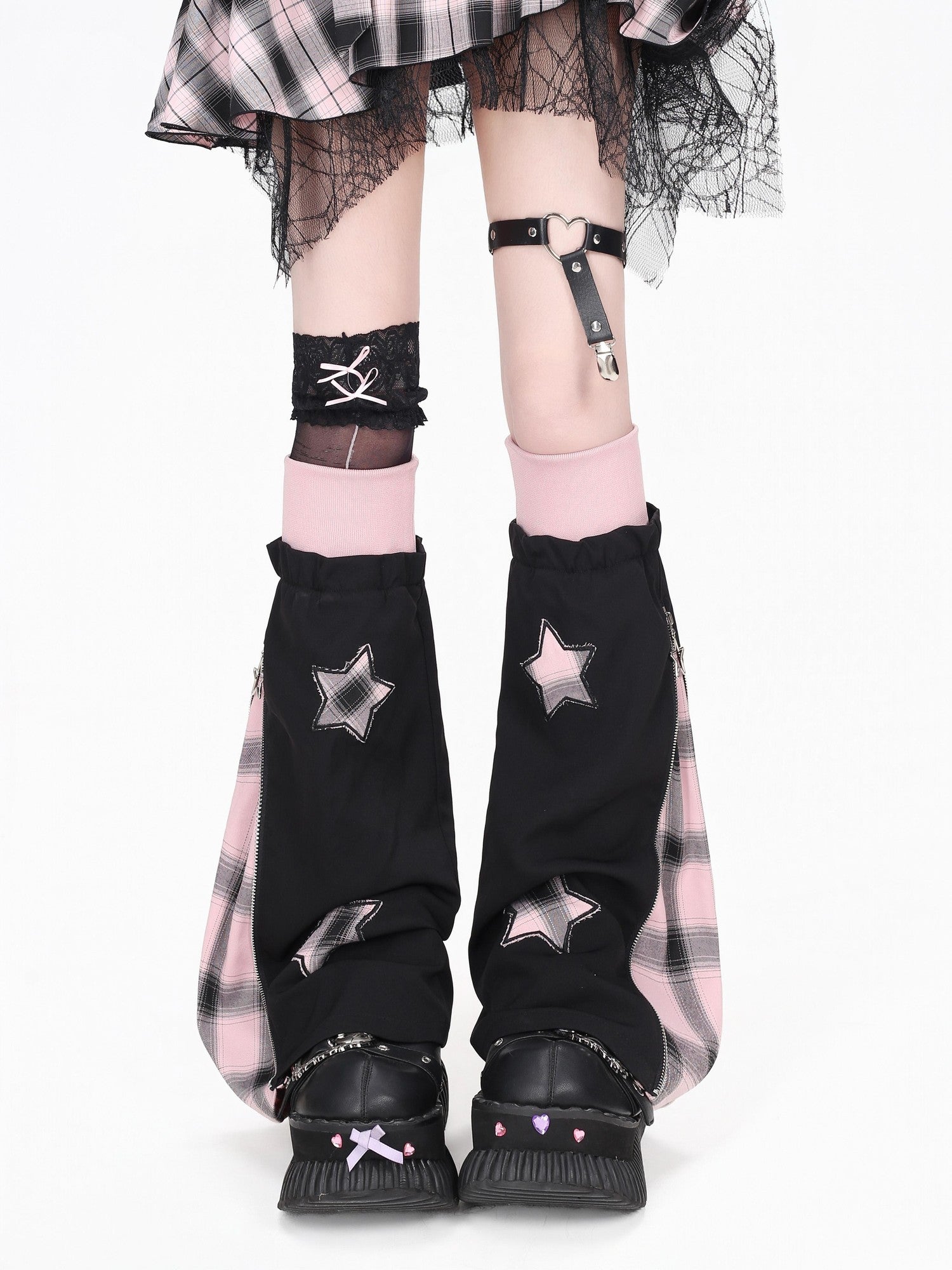 Crazy Girl Scrunched Slouchy Star Patch Plaid Check Splice Women&