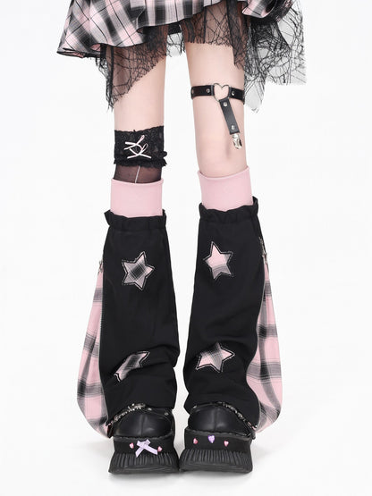 Crazy Girl Scrunched Slouchy Star Patch Plaid Check Splice Women&