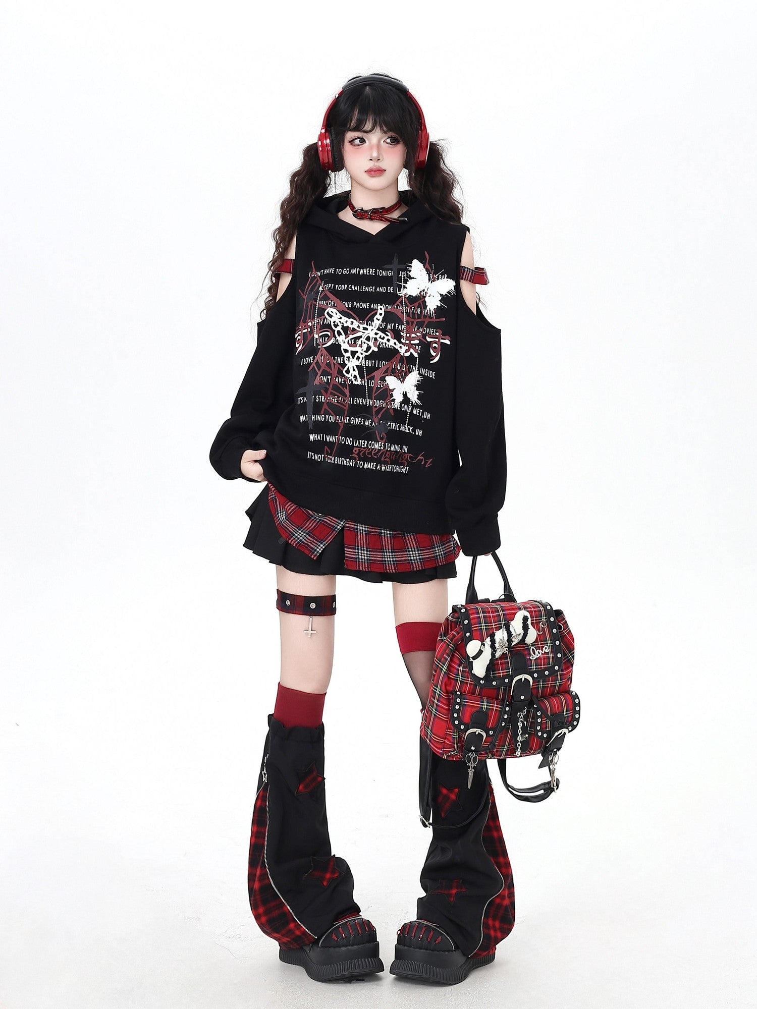 Crazy Girl Scrunched Slouchy Star Patch Plaid Check Splice Women&