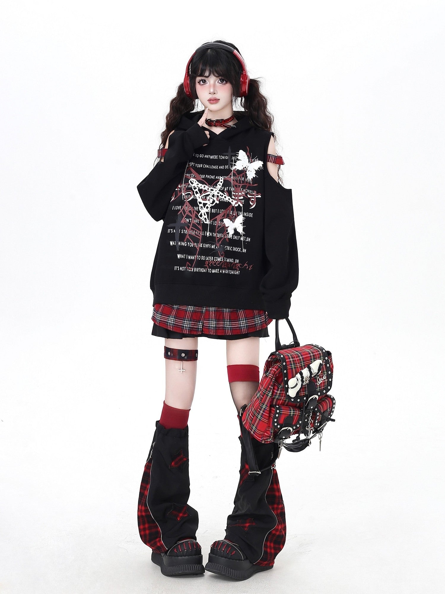Crazy Girl Scrunched Slouchy Star Patch Plaid Check Splice Women&