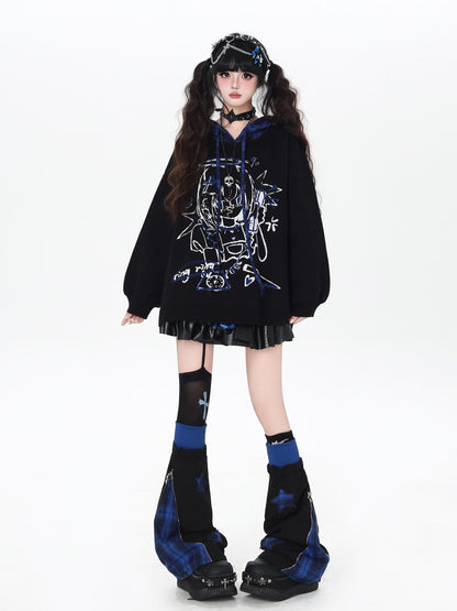 Crazy Girl Scrunched Slouchy Star Patch Plaid Check Splice Women&