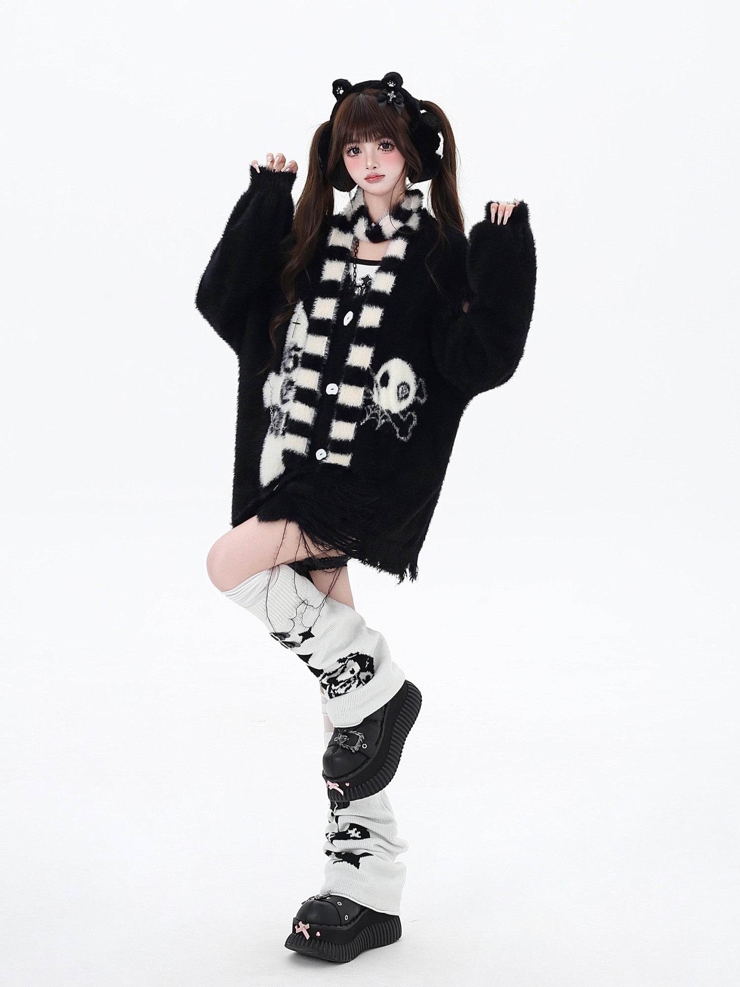 Crazy Girl Sea Mist Subculture Jacquard V-neck Mid Length Loose Women&