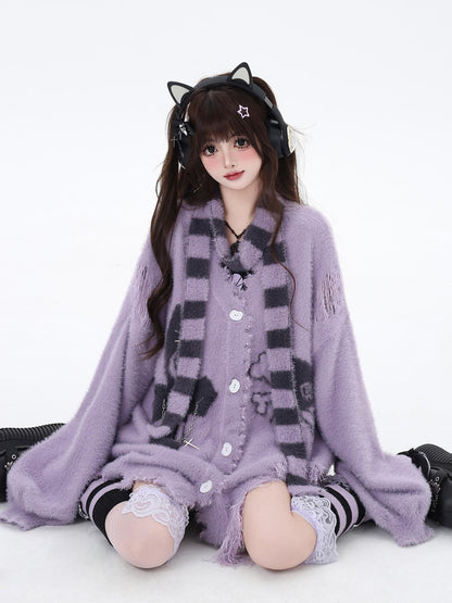 Crazy Girl Sea Mist Subculture Jacquard V-neck Mid Length Loose Women&