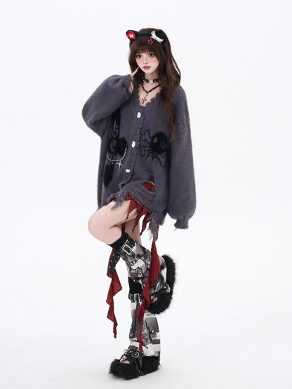 Crazy Girl Sea Mist Subculture Jacquard V-neck Mid Length Loose Women&