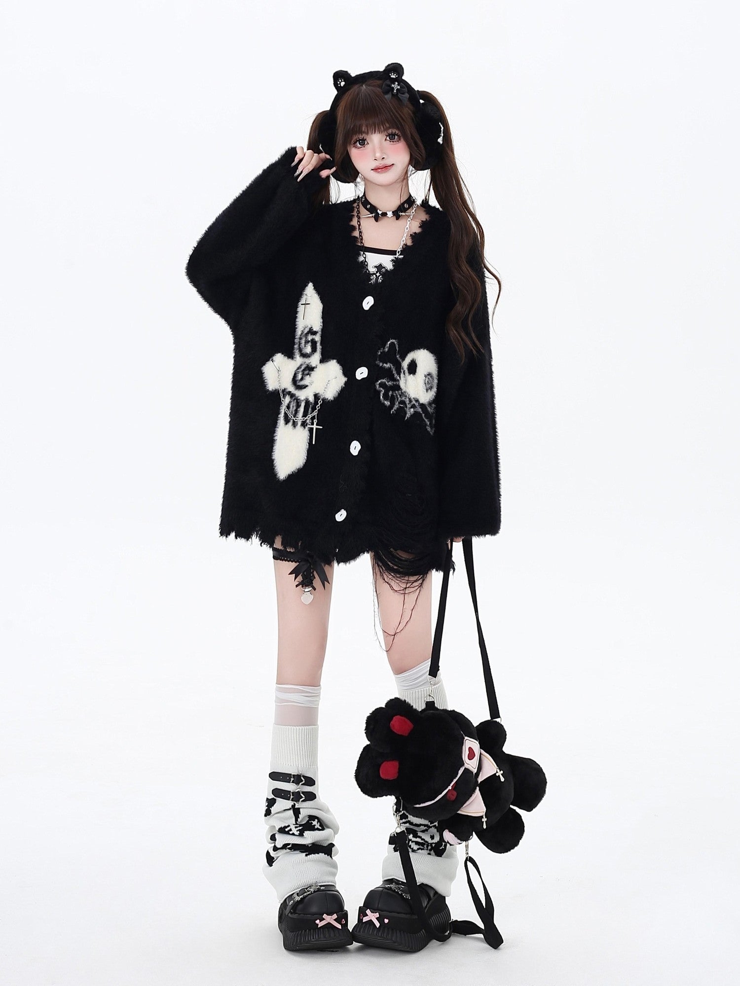 Crazy Girl Sea Mist Subculture Jacquard V-neck Mid Length Loose Women&