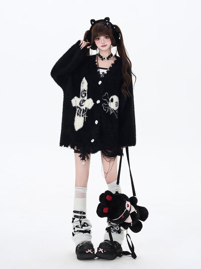 Crazy Girl Sea Mist Subculture Jacquard V-neck Mid Length Loose Women&