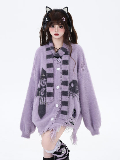Crazy Girl Sea Mist Subculture Jacquard V-neck Mid Length Loose Women&
