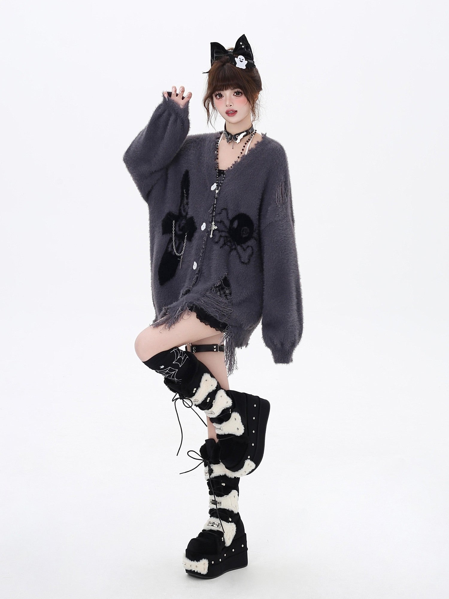 Crazy Girl Sea Mist Subculture Jacquard V-neck Mid Length Loose Women&