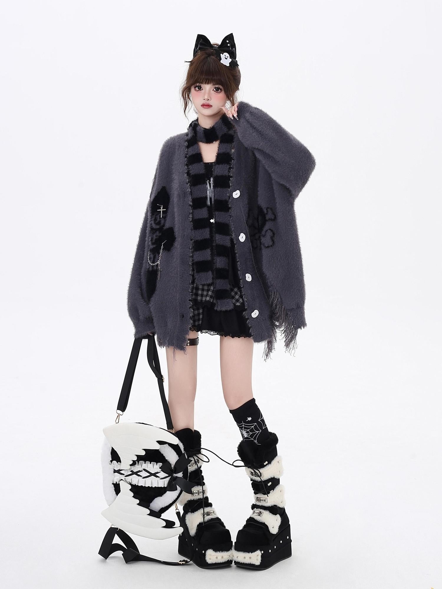 Crazy Girl Sea Mist Subculture Jacquard V-neck Mid Length Loose Women&
