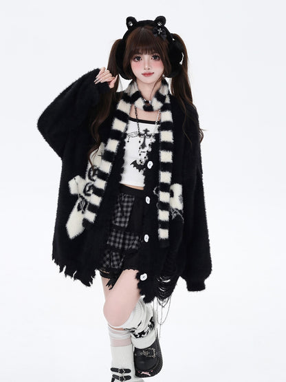 Crazy Girl Sea Mist Subculture Jacquard V-neck Mid Length Loose Women&