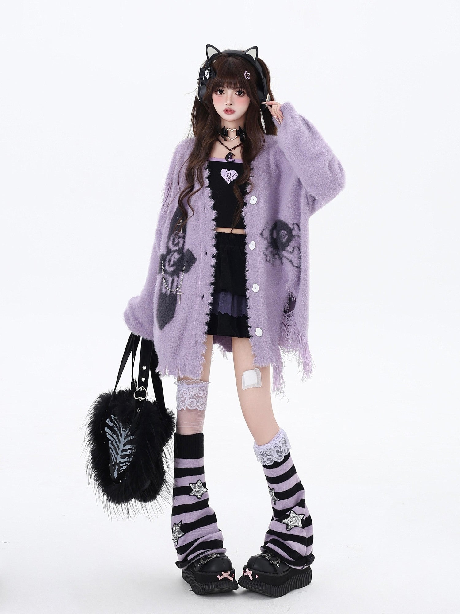 Crazy Girl Sea Mist Subculture Jacquard V-neck Mid Length Loose Women&