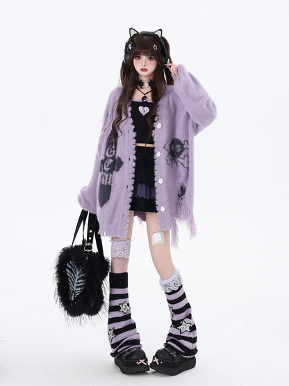 Crazy Girl Sea Mist Subculture Jacquard V-neck Mid Length Loose Women&