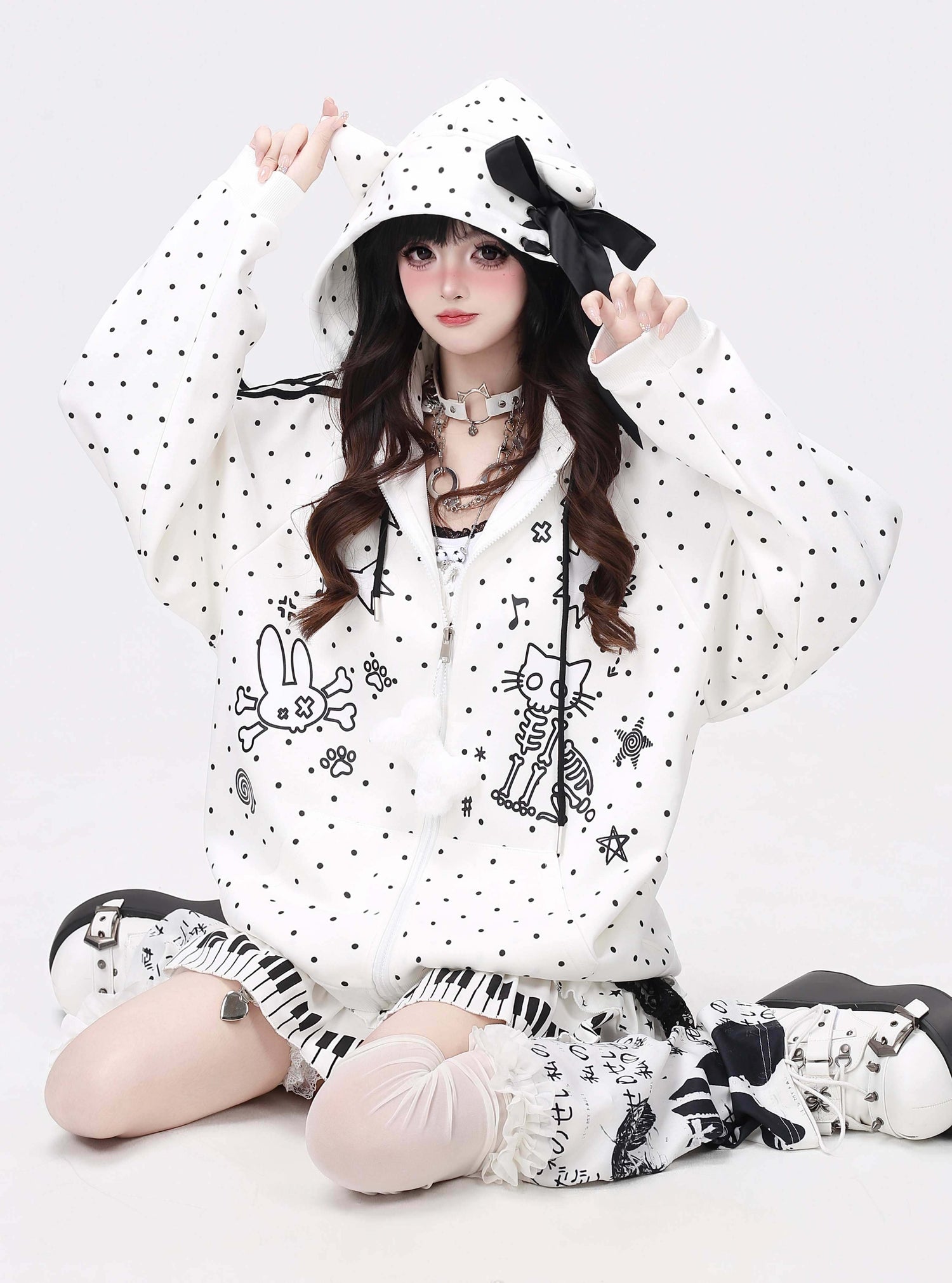 Crazy_Girl_Skull_Kitten_Polka_Dot_Cat_Ear_Drawstring_Loose_Fit_Women&