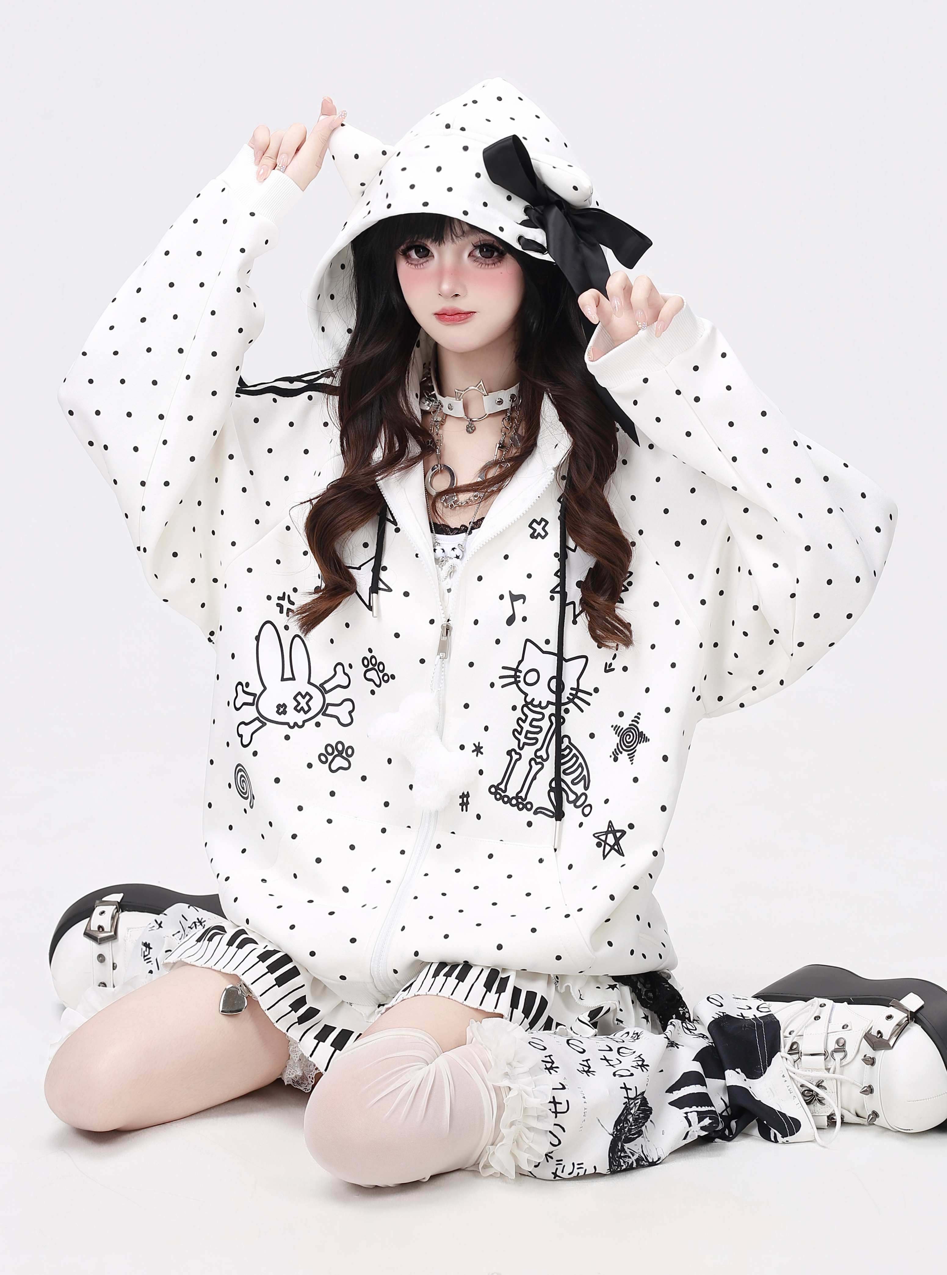 Crazy_Girl_Skull_Kitten_Polka_Dot_Cat_Ear_Drawstring_Loose_Fit_Women&