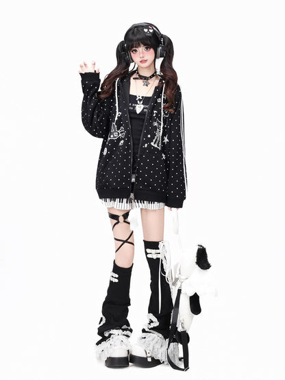 Crazy Girl Skull Kitten Polka Dot Cat Ear Drawstring Loose Fit Women&