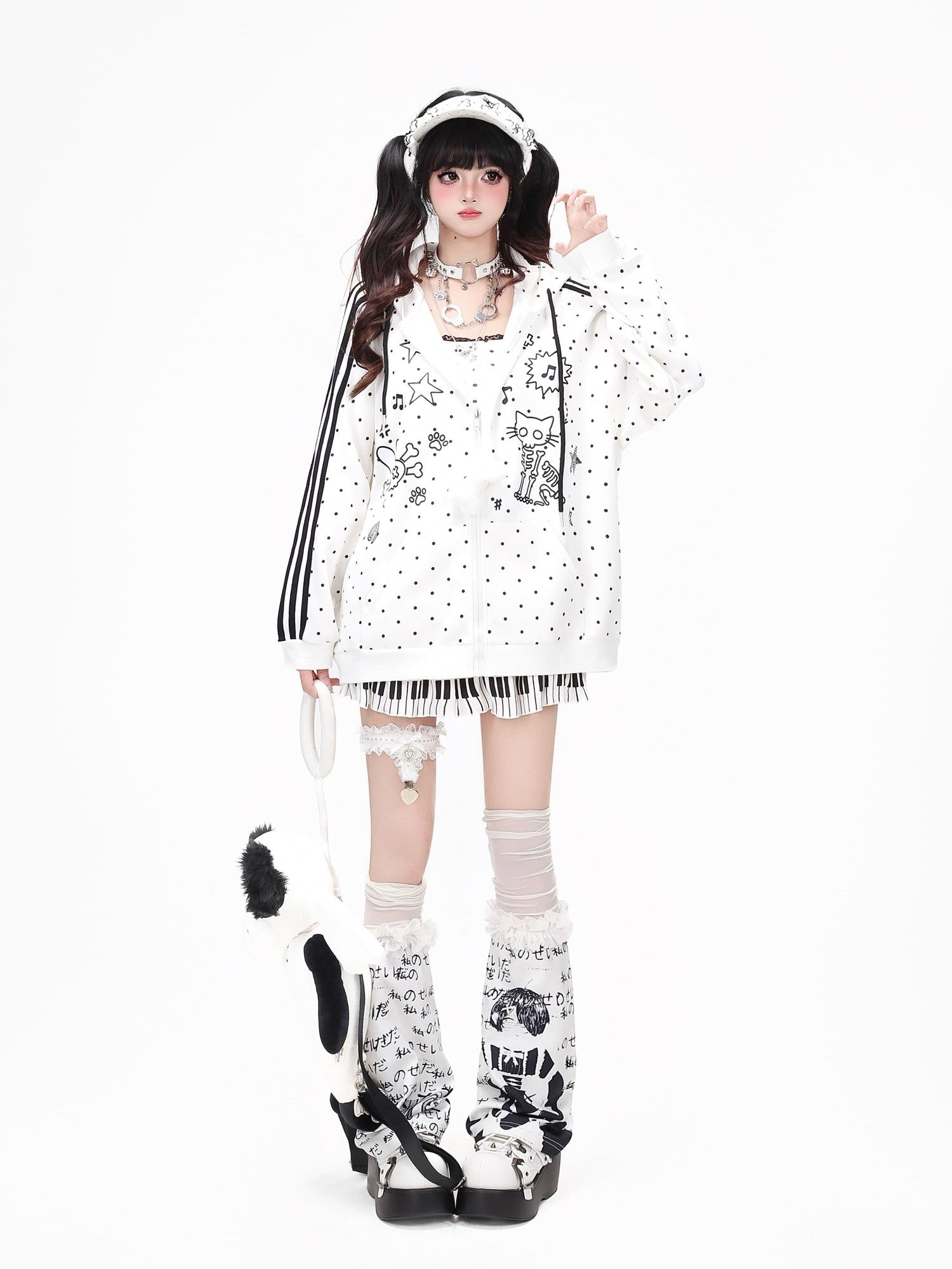 Crazy Girl Skull Kitten Polka Dot Cat Ear Drawstring Loose Fit Women&