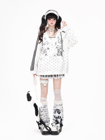Crazy Girl Skull Kitten Polka Dot Cat Ear Drawstring Loose Fit Women&