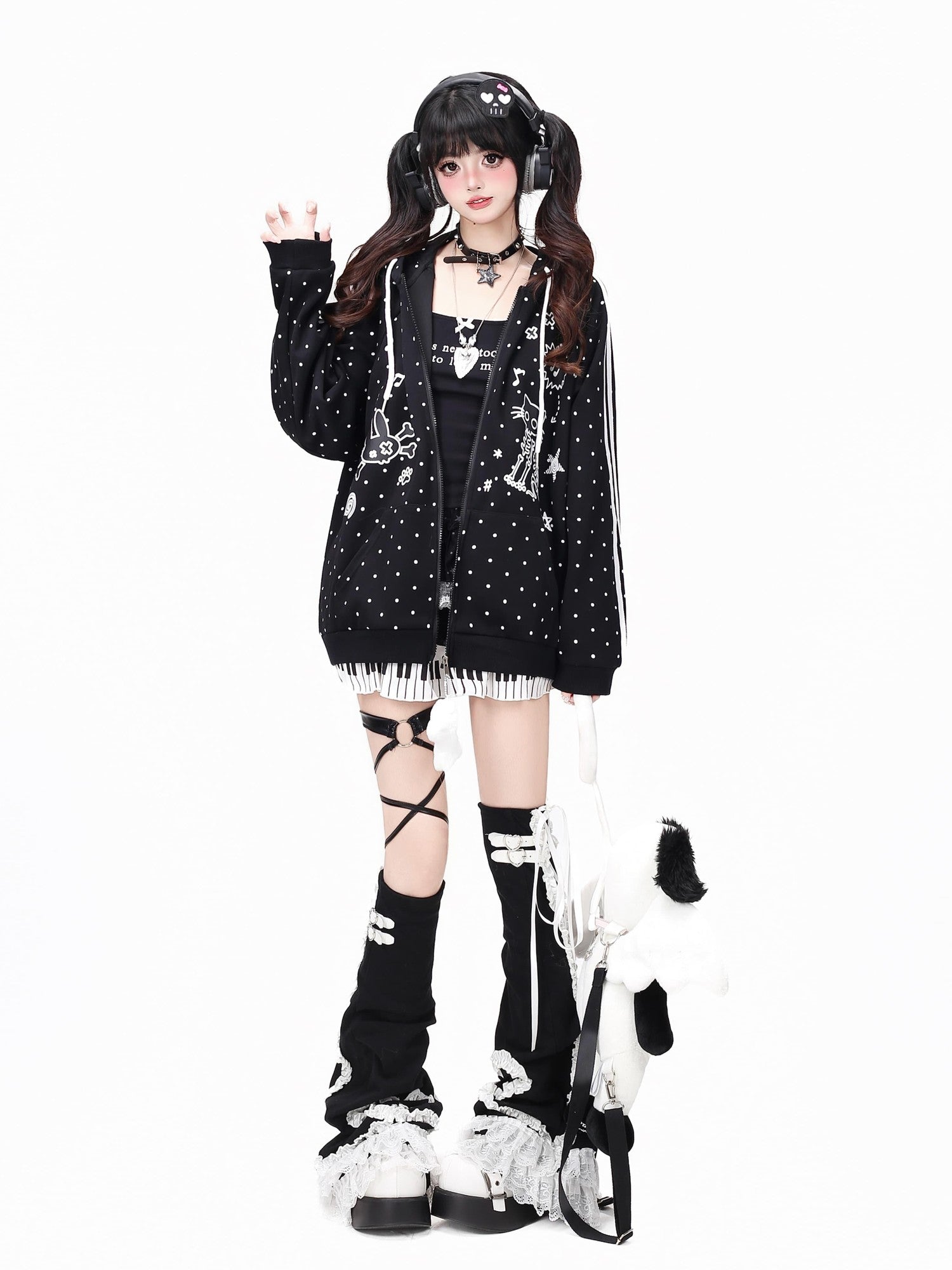 Crazy Girl Skull Kitten Polka Dot Cat Ear Drawstring Loose Fit Women&