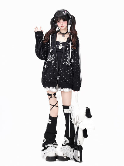Crazy Girl Skull Kitten Polka Dot Cat Ear Drawstring Loose Fit Women&