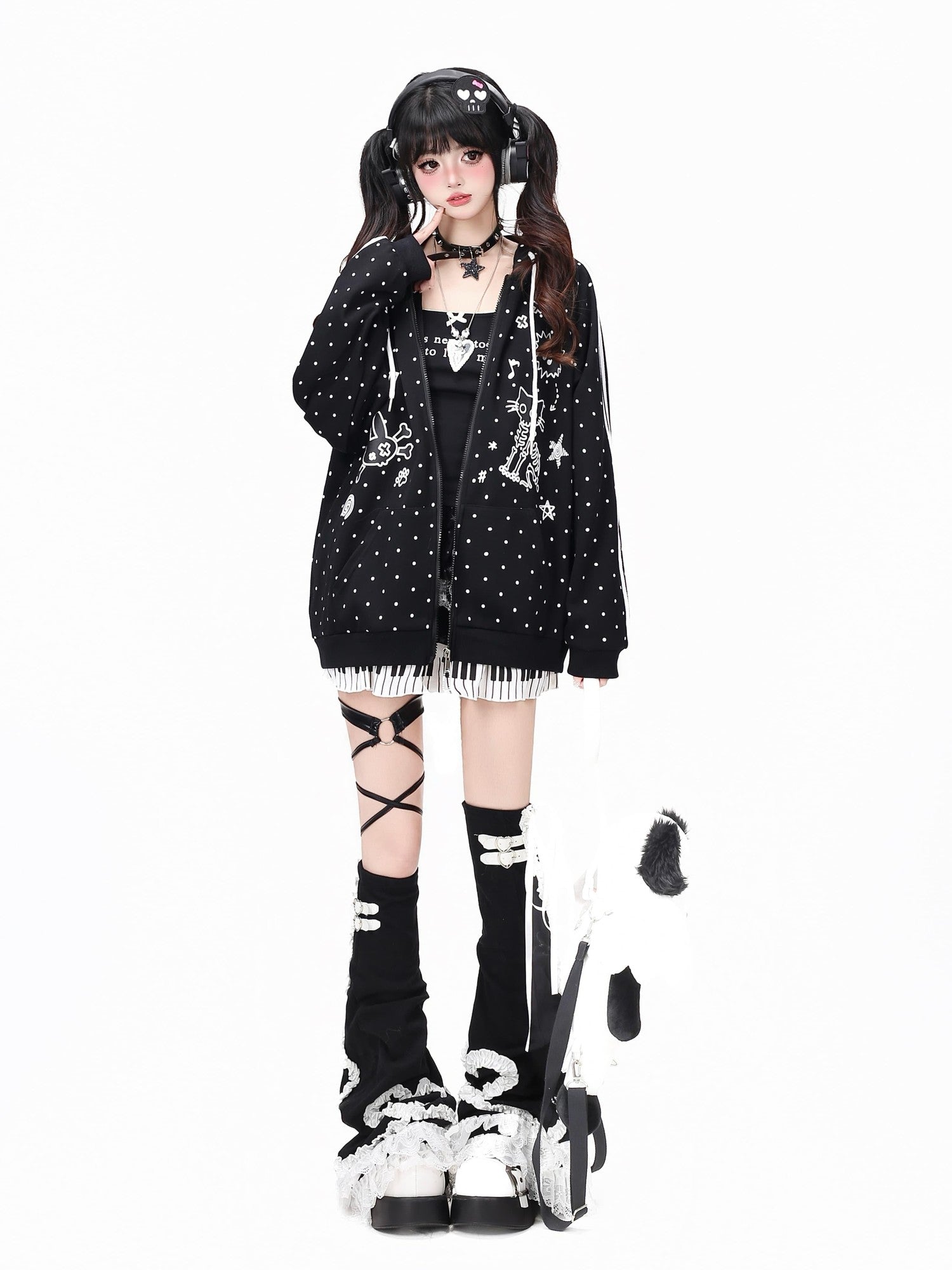 Crazy Girl Skull Kitten Polka Dot Cat Ear Drawstring Loose Fit Women&