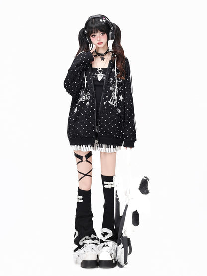 Crazy Girl Skull Kitten Polka Dot Cat Ear Drawstring Loose Fit Women&