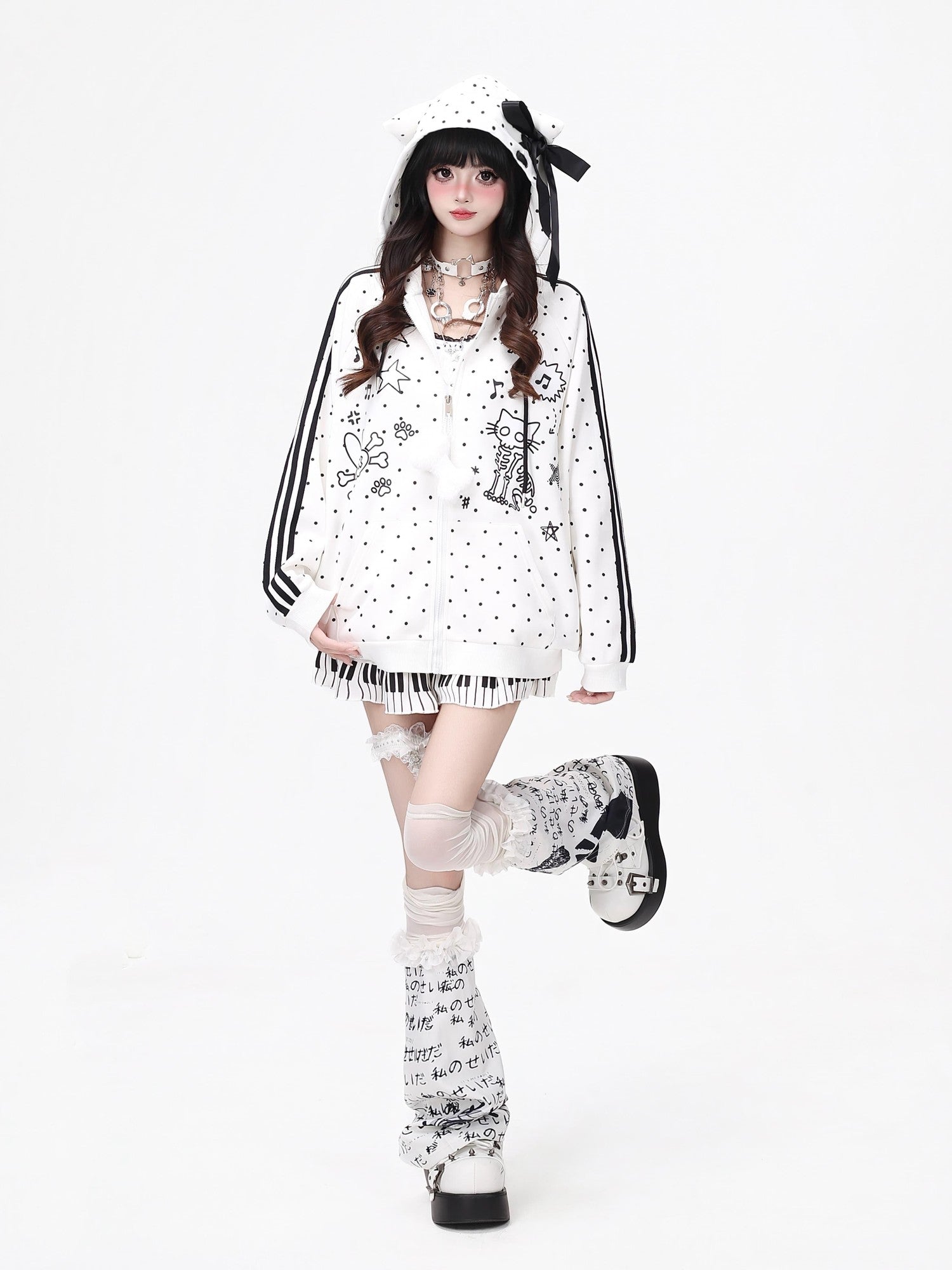 Crazy Girl Skull Kitten Polka Dot Cat Ear Drawstring Loose Fit Women&