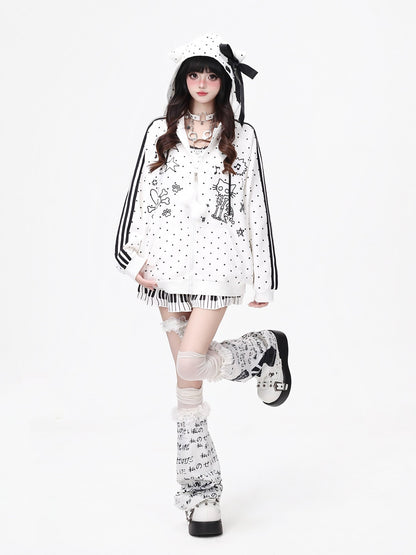 Crazy Girl Skull Kitten Polka Dot Cat Ear Drawstring Loose Fit Women&
