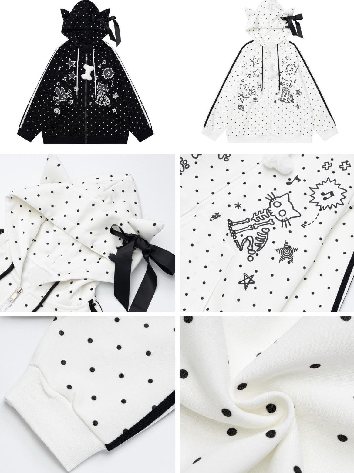 Crazy Girl Skull Kitten Polka Dot Cat Ear Drawstring Loose Fit Women&
