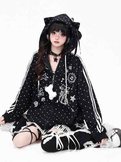 Crazy Girl Skull Kitten Polka Dot Cat Ear Drawstring Loose Fit Women&