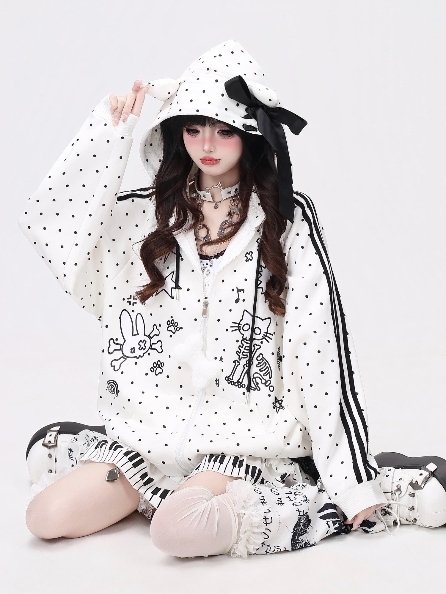 Crazy Girl Skull Kitten Polka Dot Cat Ear Drawstring Loose Fit Women&