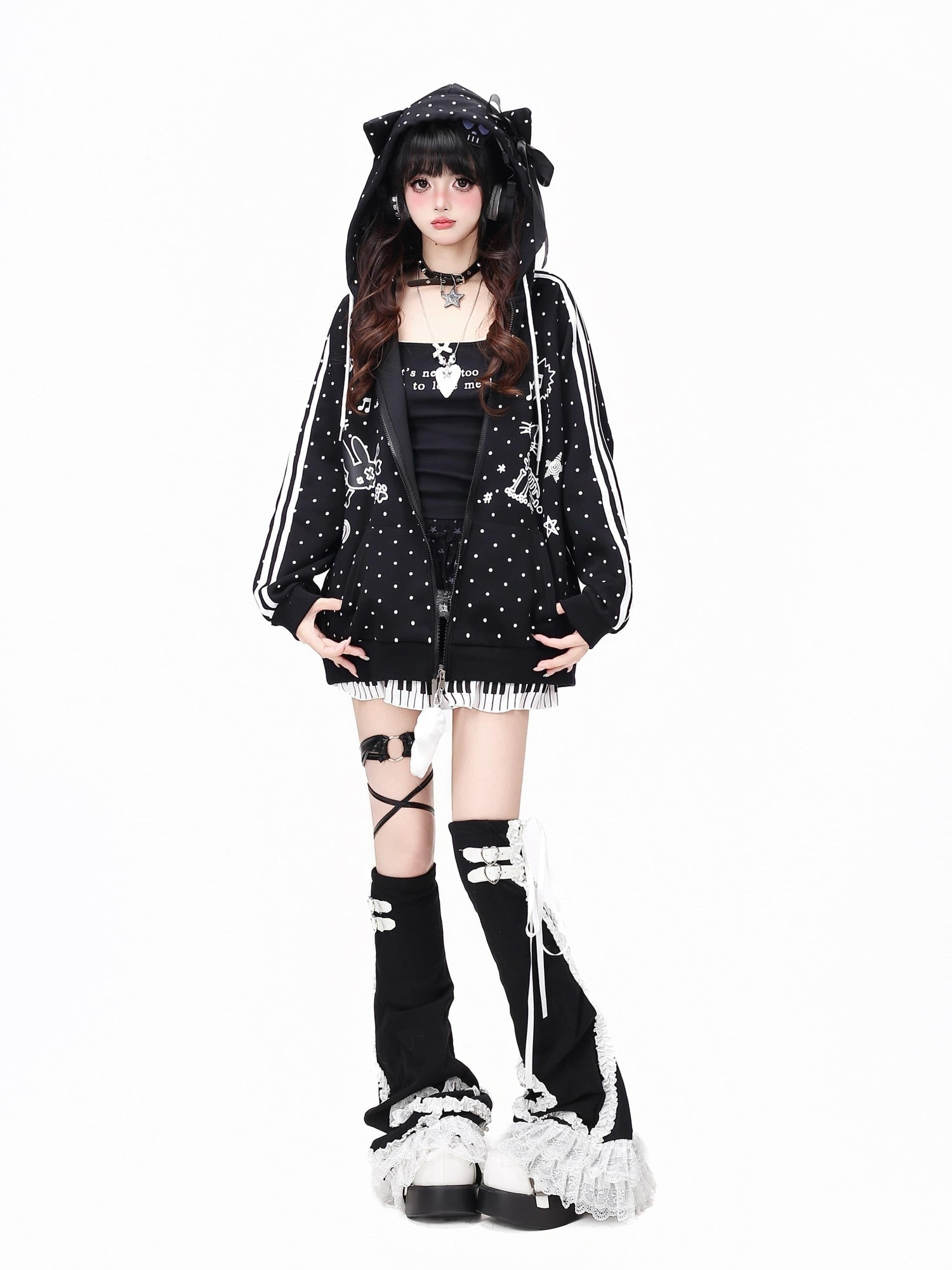 Crazy Girl Skull Kitten Polka Dot Cat Ear Drawstring Loose Fit Women&