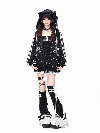 Crazy Girl Skull Kitten Polka Dot Cat Ear Drawstring Loose Fit Women&
