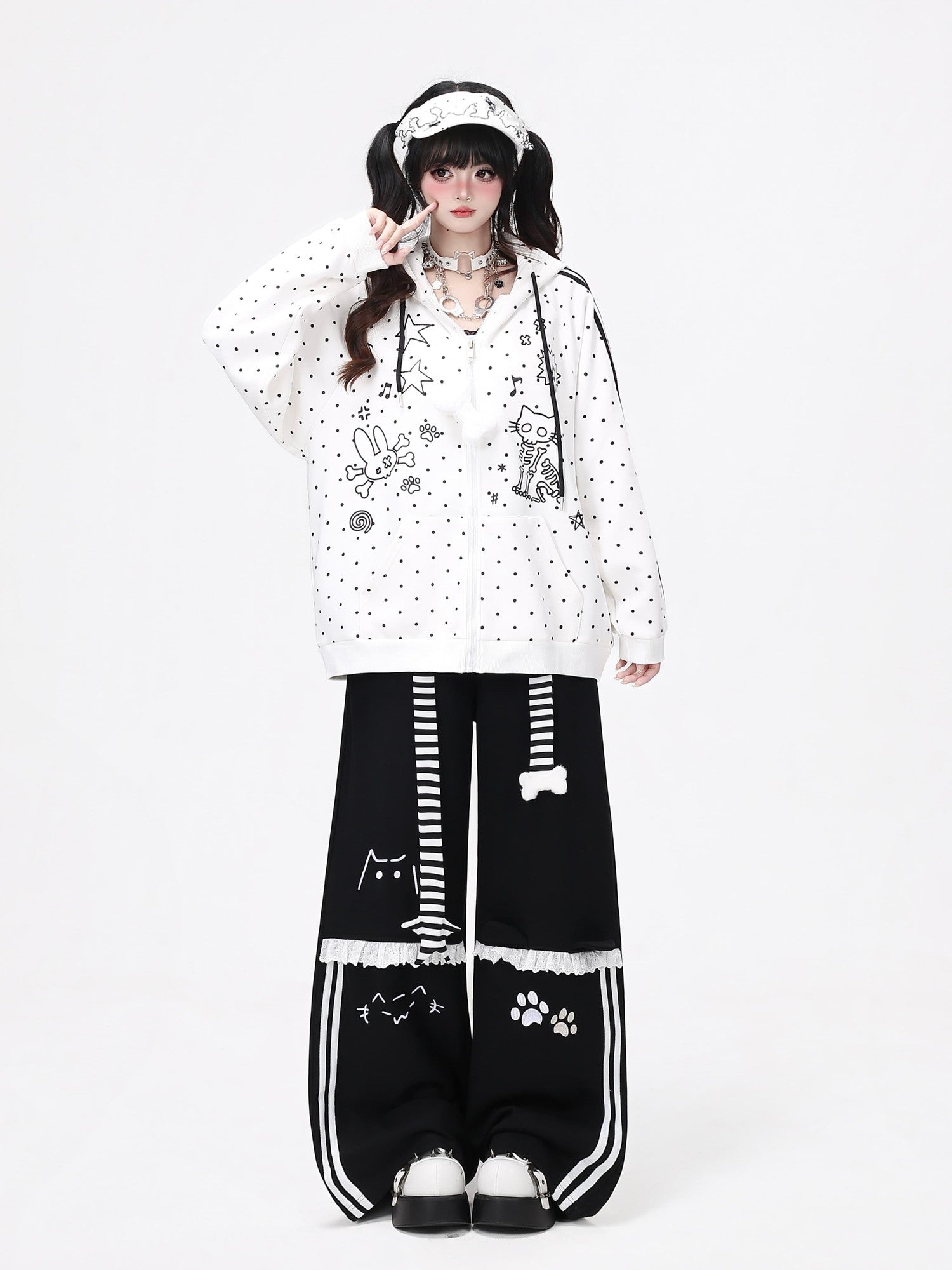 Crazy Girl Skull Kitten Polka Dot Cat Ear Drawstring Loose Fit Women&