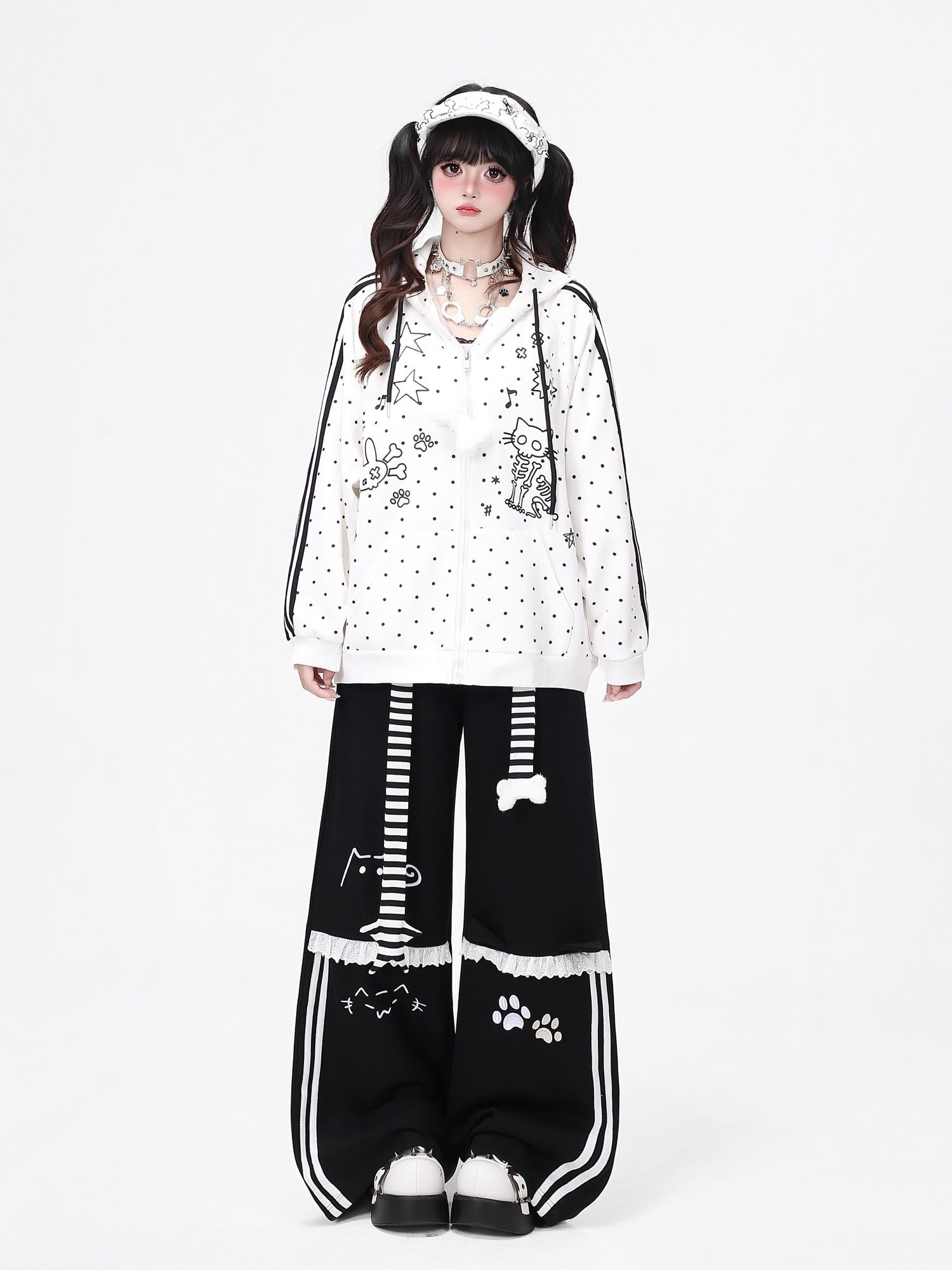 Crazy Girl Skull Kitten Polka Dot Cat Ear Drawstring Loose Fit Women&