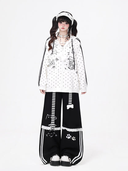 Crazy Girl Skull Kitten Polka Dot Cat Ear Drawstring Loose Fit Women&