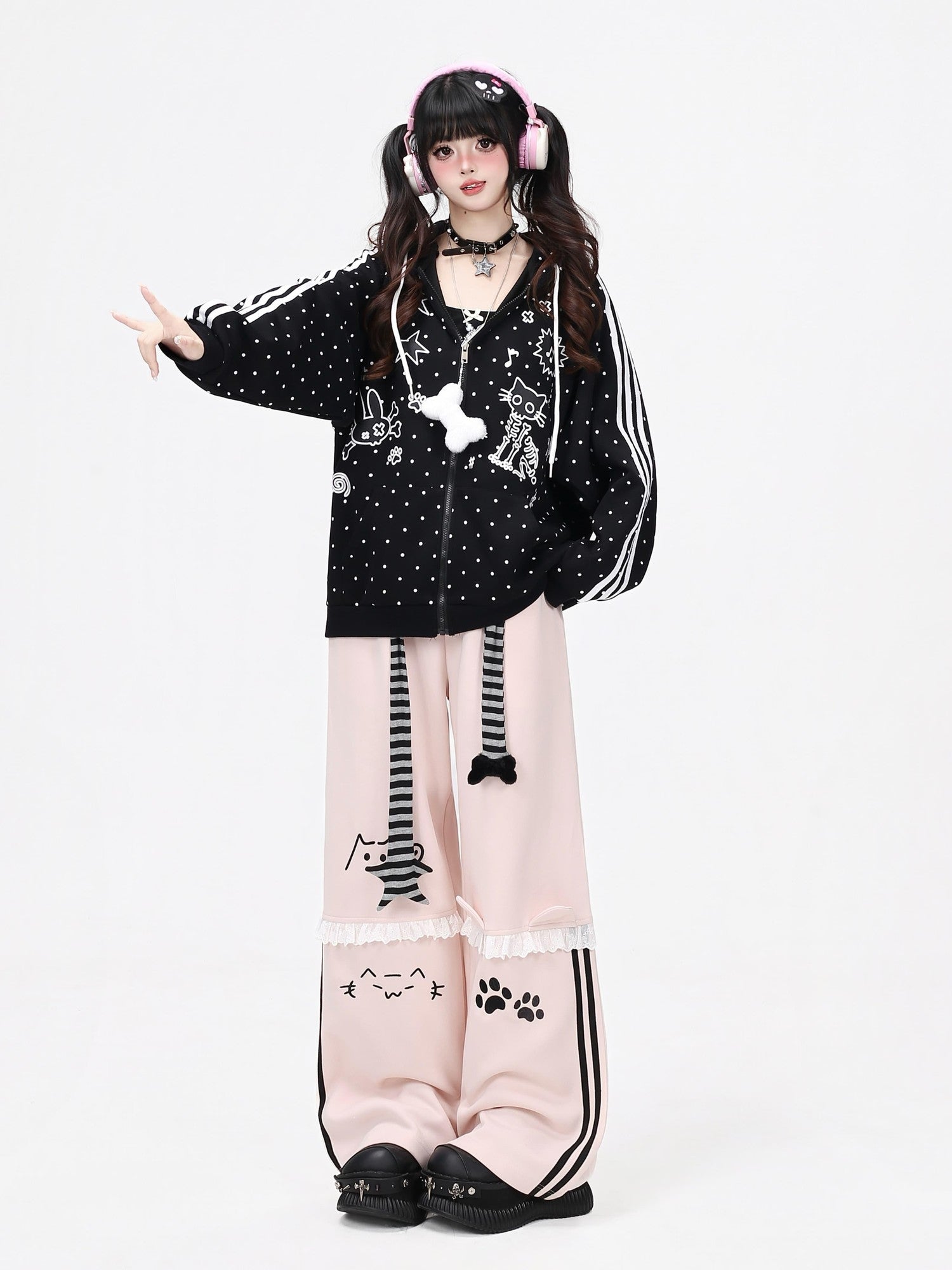Crazy Girl Skull Kitten Polka Dot Cat Ear Drawstring Loose Fit Women&