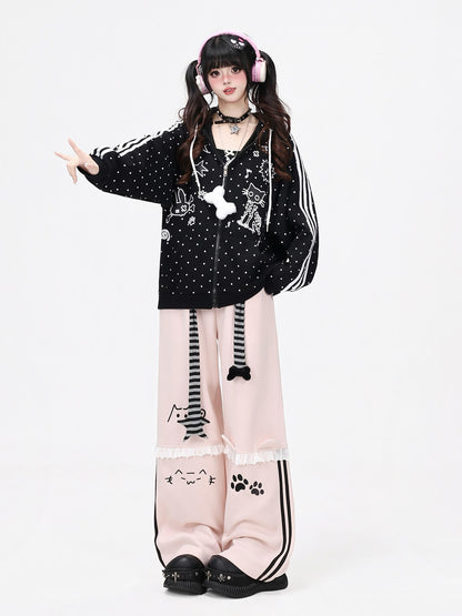 Crazy Girl Skull Kitten Polka Dot Cat Ear Drawstring Loose Fit Women&