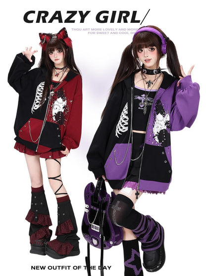 Crazy Girl Skull Memory Chip Colorblock Punk Loose Women&