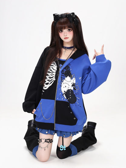 Crazy Girl Skull Memory Chip Colorblock Punk Loose Women&